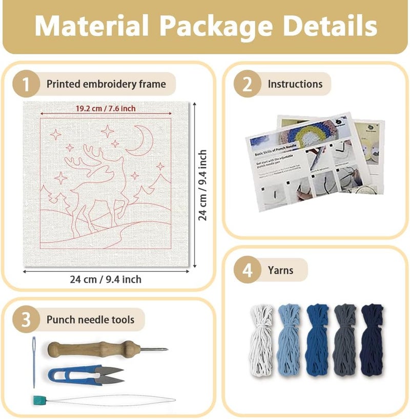 DOODLREAM Deer DIY Punch Needle Embroidery Kit for Adult Beginner, 9.4" Deer Punch Stitching Craft Set for Starter with Frame, Fabric Pattern, Threader, Yarn, Pinch Needle - Image 2